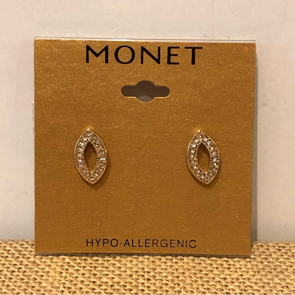 NWT Monet Earrings- Gold tone ellipse shaped with rhinestones - Picture 3 of 7